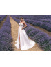 Strapless Beaded Ivory Lace Satin Slit Wedding Dress With Ruffled Sleeves